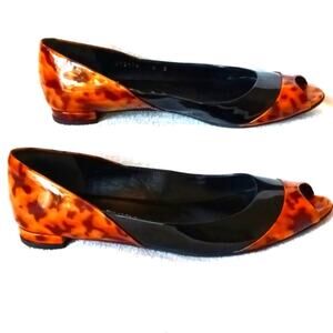 GUCCI Patent Leather Leopard Flats 6B Orange Brown Animal Print Open Toe Vintage